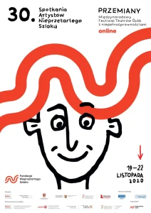 Plakat z napisem: “ 30. Spotkania Artystów Nieprzetartego Szlaku”. Pod napisem grafika twarzy z pomarańczowymi włosami układającymi się jak fale wody.
