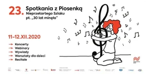 Plakat z napisem: „ 23. Spotkania z Piosenką Nieprzetartego Szlaku pt. 30 lat minęło.” Obok grafika rudowłosej kobiety, która ściska klucz wiolinowy
