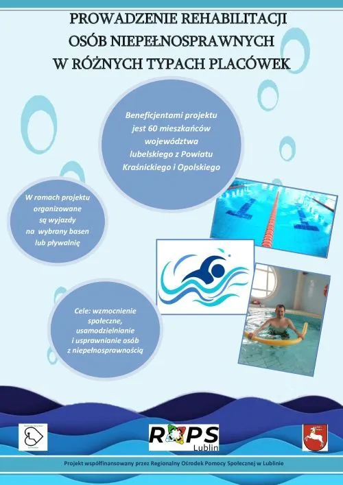 Plakat z napisem: “Prowadzenie rehabilitacji osób niepełnosprawnych w różnych typach placówek”. Grafika wody w różnych odcieniach oraz zdjęcia basenu.