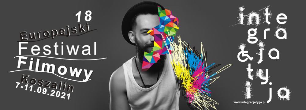 Plakat z czarno-białym zdjęciem mężczyzny w koszulce z kolorowymi wstawkami oraz napisem integracja ty i ja