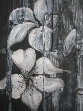 Obraz czarno biały pod tytułem "Kwiat". Białe dwa kwiaty o wielkich płatkach na czarnym tle