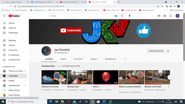 Zrzut ekranu kanału YouTube należącego do Jana Kondrata. Widać stylizowane trójkolorowe logo kanału JKV.