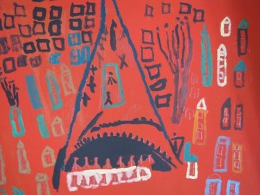 Obraz pod tytułem "Świat" - abstrakcja na czerwonym tle.