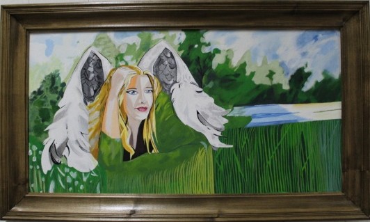 Obraz Kamila. Przedstawia Popiersie anioła wśród zieleni lasu