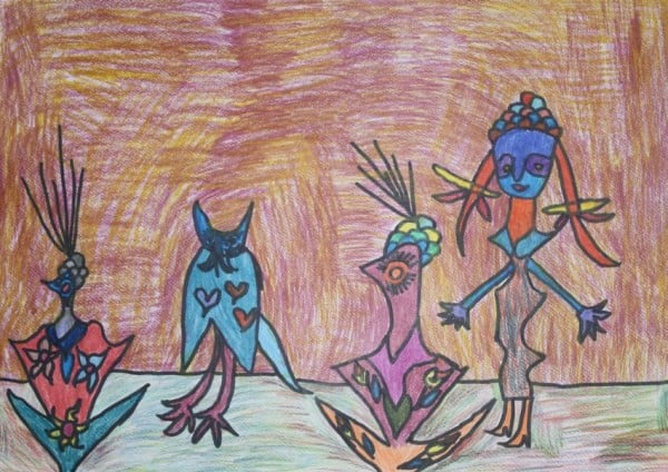 Obraz wykonany techniką kredki. Abstrakcja, jakieś postacie na beżowym tle.