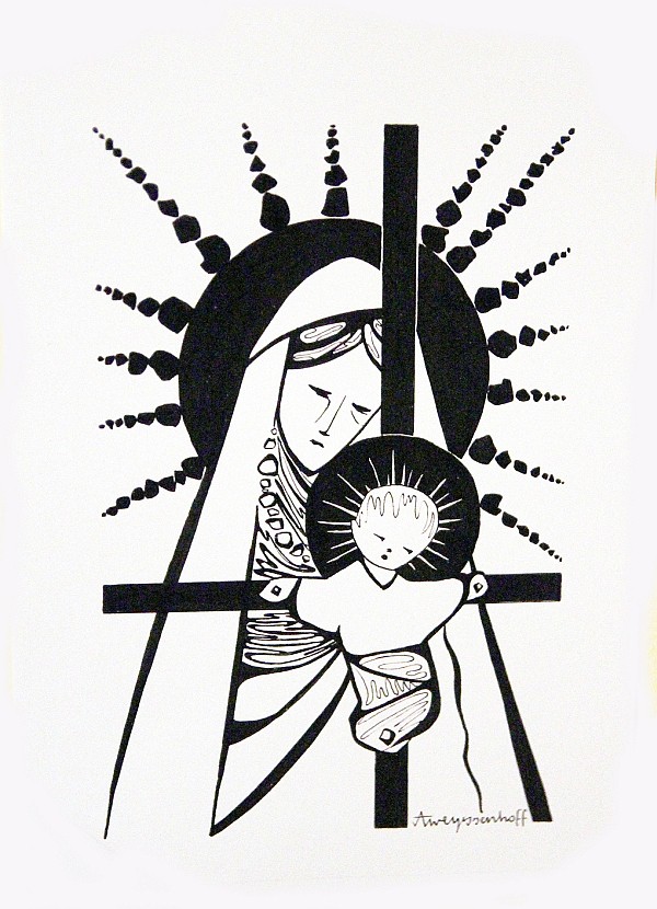 Czarno biały obraz Matki Bożej z ukrzyżowanym Dzieciątkiem Jezus