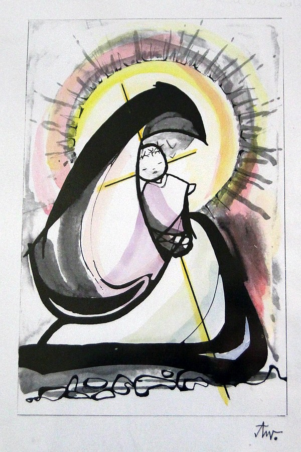 Obraz Matki bożej z Dzieciątkiem Jezus, tullącym się do matki. Za nim zarys złotego krzyża