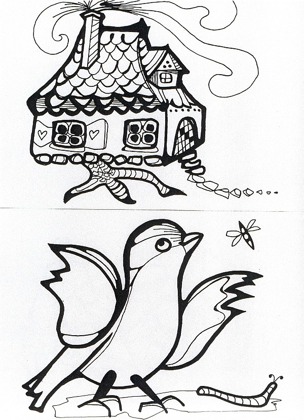 Obraz czarno biały. U góry chatka na kurzej łapce. Na dole ptak.