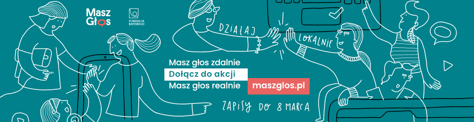 Baner promujący akcję Masz Głos 2021 - kontury postaci przybijających sobie piątki, informacje o zapisach do akcji