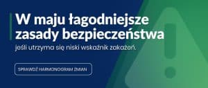 Baner z tekstem: W maju łagodniejsze zasady bezpieczeństwa, jeśli utrzyma się niski wskaźnik zakażeń. Sprawdź harmonogram zmian.