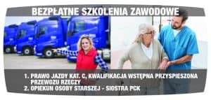 Baner reklamujący bezpłatne szkolenia zawodowe (napis u góry). Poniżej u dołu baneru wpis: 1. Prawo jazdy kat. c i 2. Opiekun osoby starszej. Na banerze 2 zdjęcia obok siebie. Po lewej uśmiechnięta dziewczyna w czerwonym bęzrękawniku wskazuje na ciężarówki w tle. Po prawej opiekun podtrzymuje starsza kobietę o lasce. Patrzą na siebie z uśmiechem.