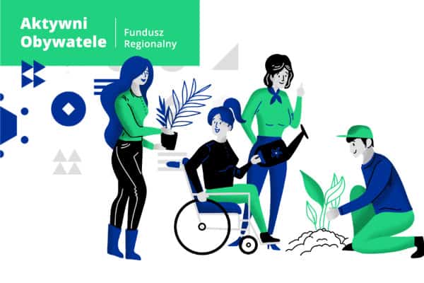 Obrazek w kolorach zieleni, granatu i czerni pokazujący grupkę ludzi w tytm jedną kobietę na wózku wspólnie sadzących roślinę w ziemi.