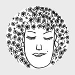 Rysunek: twarz kobiety z kolczykami i zamkniętymi oczami z fryzurą afro z kwiatków wypełniająca całe dostępne okrągłe pole grafiki