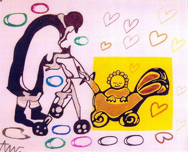 Obraz. Motyw starszej osoby porusszajacej ie o balkoniku i pchającej wózek z dzieckiem.