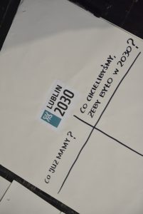 Na samej górze białej kartki widnieje napis Lublin 2030. Pod spodem zaś znajduje się tabelka z nagłówkami, po lewej- “Co mamy?” I po prawej- “Co chcielibyśmy, żeby było zrobione w 2030?”