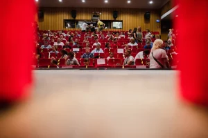 Widok na widownię ze sceny. Duża liczba osób siedzi na swoich miejscach i czeka.