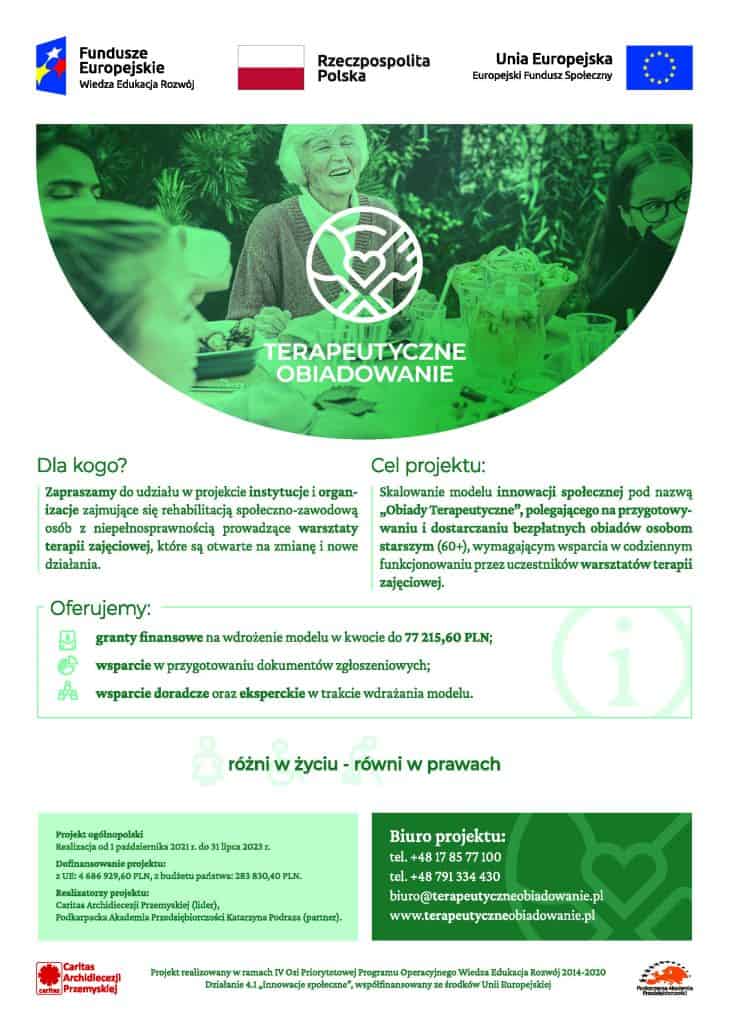 Plakat opisujący przedsięwzięcia projektu Terapeutyczne Obiadowanie