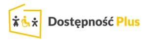 Logo Dostępność Plus. W konturze granic Polski widnieją trzy piktogramowe postacie od lewej: kobieta, osoba na wózku inwalidzkim, dziecko.