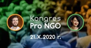 Baner graficzny z tekstem: Kongres Pro NGO 21.10.2020 r. Po obu stronach tekstu zdjęcia portretowe prelegentów