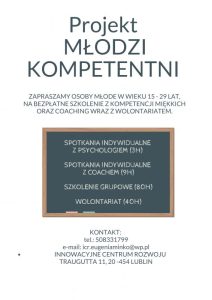 Plakat opisujący przedsięwzięcia projektu Młodzi- KOMPETENTNI