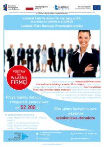 Plakat promujący akcje Lubelskiego Parku Wspierania Przedsiębiorczości - na górze nazwa akcji, poniżej zdjęcie przedstawiające uśmiechniętą kobietę po prawej stronie stojącej na tle grupy ludzi w garniturach i z teczkami. Pod zdjęciem opis projektu.
