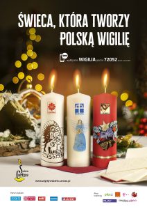 Plakat promujący akcję Wigilijnego Dzieła Pomocy Dzieciom - trzy zapalone świecie caritas stojące na wigilijnym stole przy opłatku