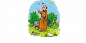 Kolorowy rysunek przedstawiający św. Franciszka z wilkiem