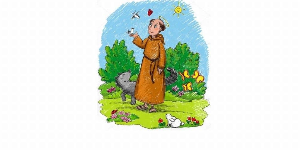 Kolorowy rysunek przedstawiający św. Franciszka z wilkiem