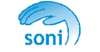 Logo SONI - niebieska dłoń ukłąda się w kształt daszka nad nazwą.