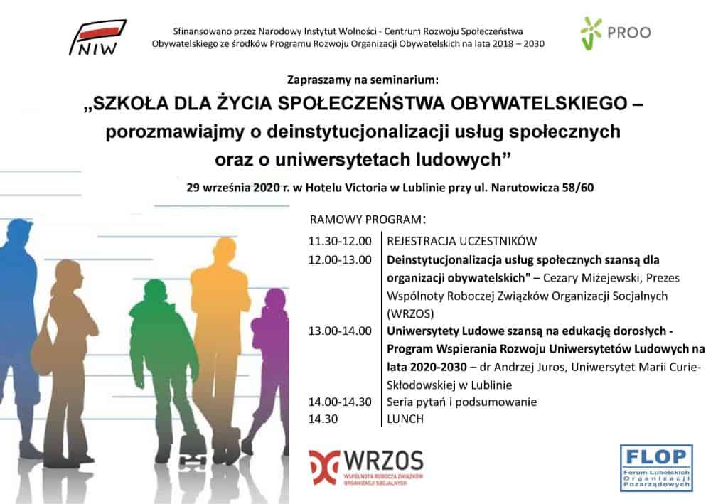 Plakat promujący wydarzenie: Szkoła dla życia społeczeństwa obywatelskiego - porozmawiajmu o deinstytucjonalizacji usług społecznych oraz o uniwersytetach ludowych.