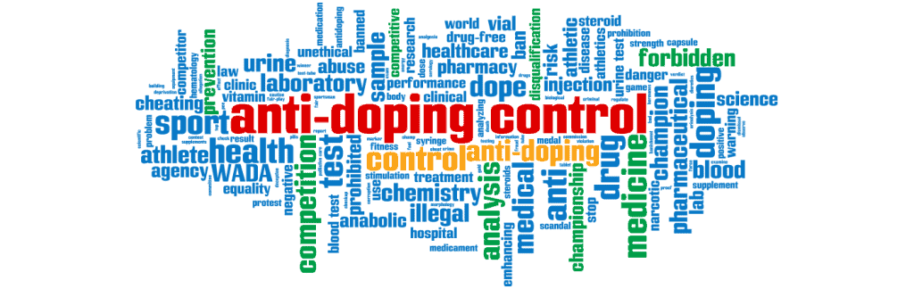 Grafika składająca się ze różnokolorowych słów ułożonych w spłaszczone koło. Słowa nawiązują sportu, leków, farmacji, medycyny itp. W środku spłaszczonego koła z napisów znajduje się słowo “anti-doping control”.