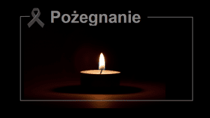 Mały znicz na czarnym tle. U góry szara wstążka i napis: Pożegnanie.