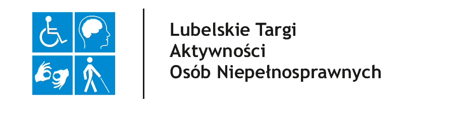 Cztery piktogramy w kolorze niebieskim ułożone w kwadrat: osoba na wózku inwalidzkim, osoba z niepełnosprawnością intelektualną, tłumacz języka migowego, osoba poruszająca się z białą laską. Obok tekst: Lubelskie Targi Aktywności Osób Niepełnosprawnych