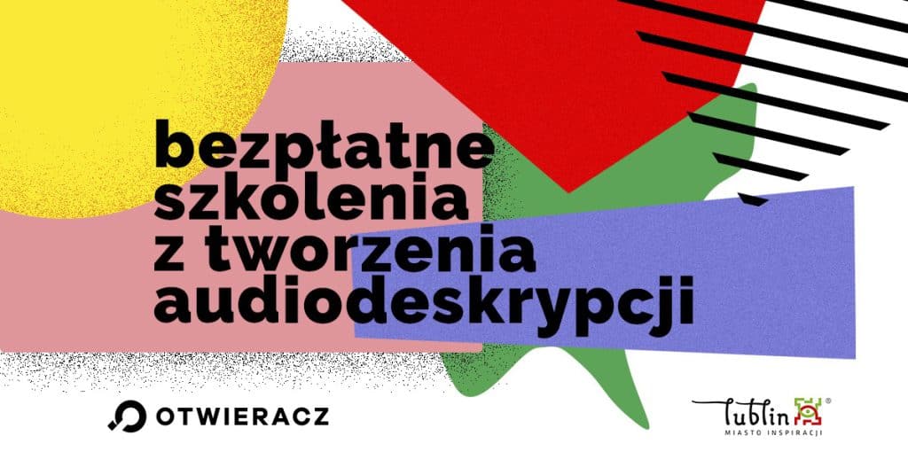 Baner dekoracyjny promujący bezpłatne szkolenia z tworzenia audiodeskrypcji