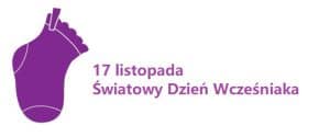 Rysunek wiszącej fioletowej skarpetki. Obok fioletowy napis na białym tle: 17 listopada Światowy Dzień Wcześniaka