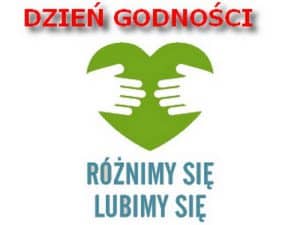 U góry znajduje się duży duży napis „Dzień godności”. Bezpośrednio pod nim jest zielone serce. Na obu połówkach serca narysowane są białe dłonie, skierowane ku sobie. Pod spodem widnieje napis „Różnimy się Lubimy się”.