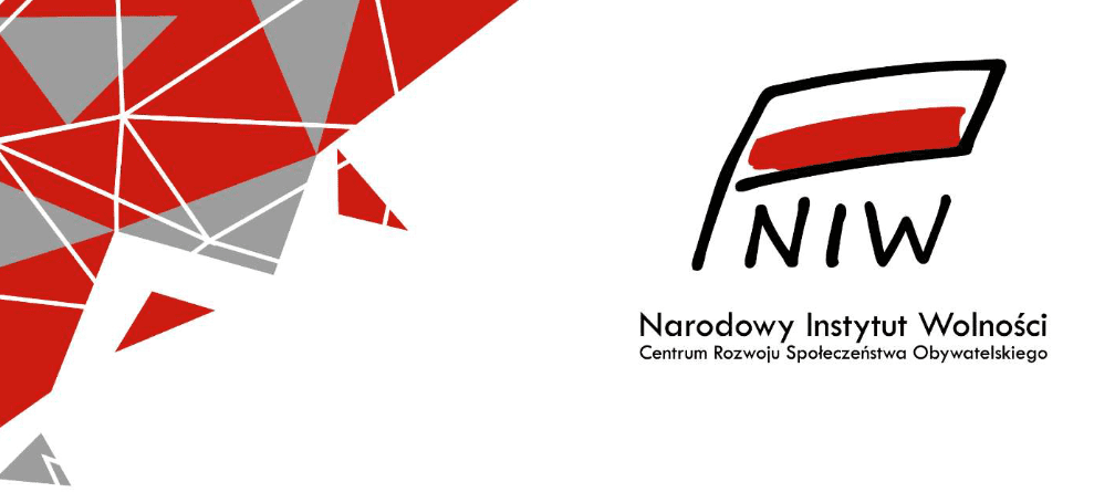 Po lewej stronie grafika geometryczna składająca się w trójkątów o różnej wielkości w kolorach czerwieni i szarości. Po prawej stronie rysunek polskiej flagi a pod nim napis NIW.