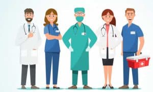 Grafika przedstawiająca lekarzy z różnych dziedzin medycyny.