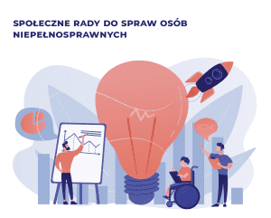 Na środku grafika żarówki. Po lewej stronie grafika rysunkowego mężczyzny stojącego z markerem przy tablicy z wykresami. Po prawej stronie grafika osoby na wózku inwalidzkim i stojącego pana, który w dłoniach trzyma teczkę.