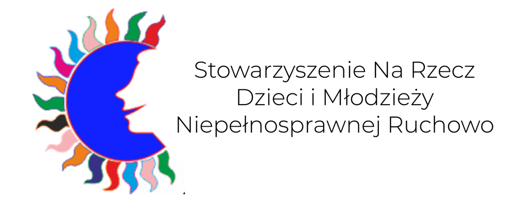 Logo stowarzyszenia na rzecz dzieci i młodzieży niepełnosprawnej ruchowo. Po lewej stronie niebieskie słońce z kolorowymi promykami.