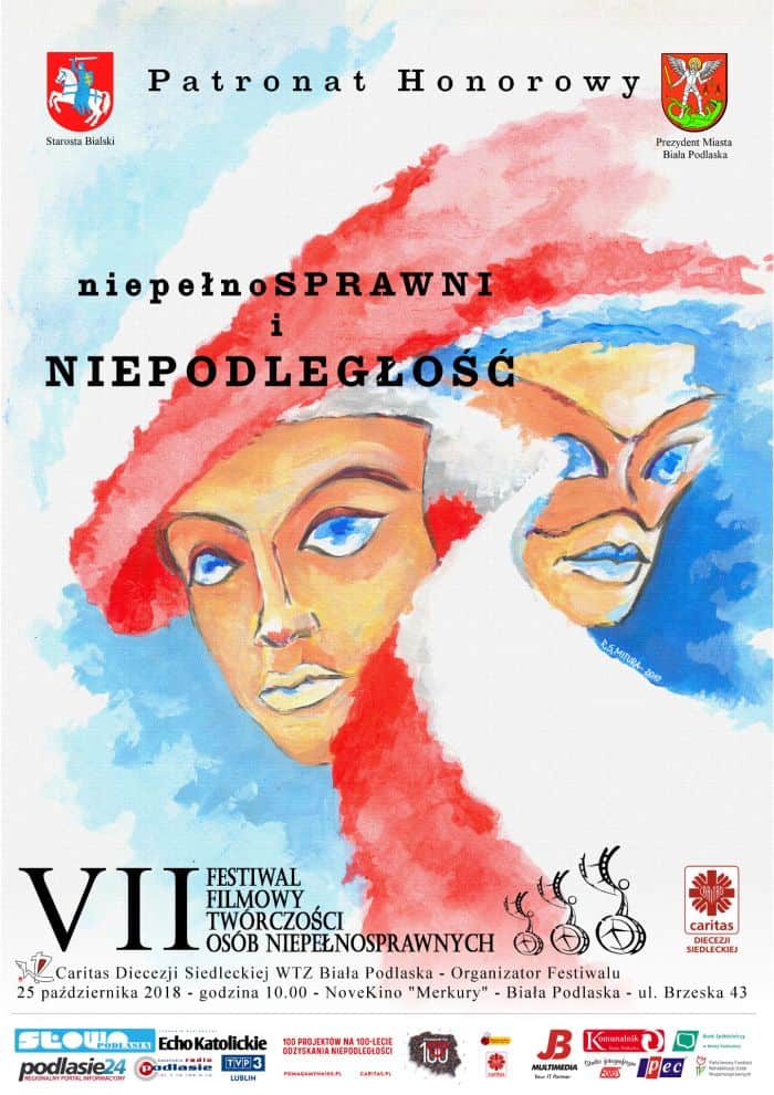 Na plakacie jest malunek twarzy ludzkiej. Plakat zaprasza na VII festiwal filmowy twórczości osób niepełnosprawnych. Plakat ma całą paletę kolorów.