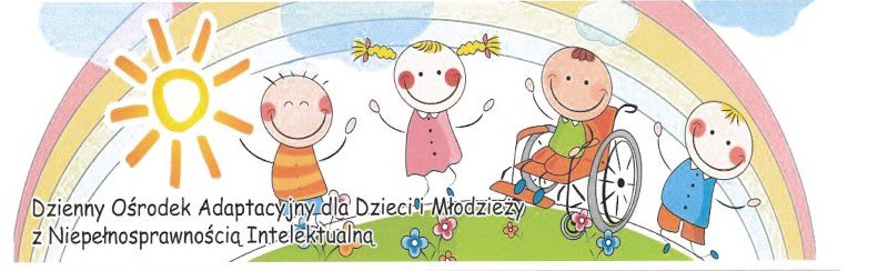 Rysunek uśmiechniętych dzieci, z czego jedno na wózku inwalidzkim. Nad nimi tęcza i świecące słoneczko. W prawym dolnym rogu napis: Dzienny Ośrodek Adaptacyjny dla Dzieci i Młodzieży z Niepełnosprawnością Intelektualną.