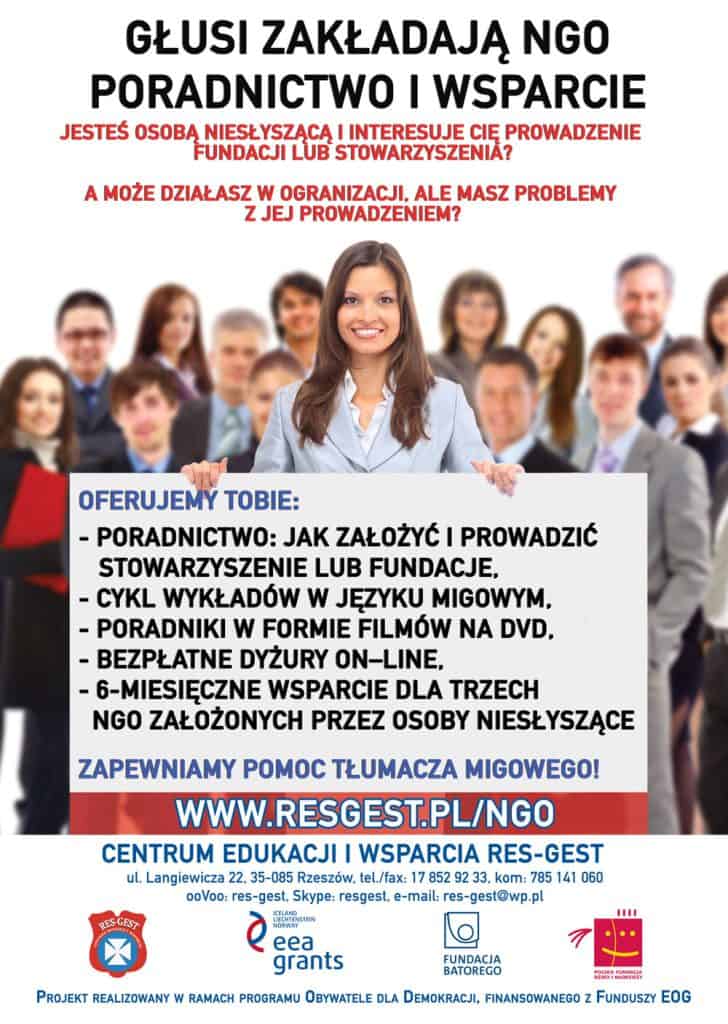 Plakat promujący projekt Głusi zakładają NGO. Poradnictwo i wsparcie