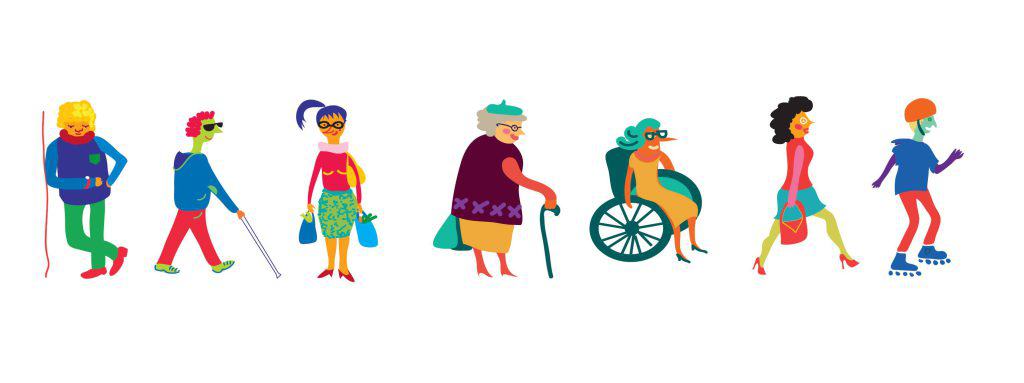 7 różnych osób. Od lewej osoba opierająca się o ścianę, pan w ciemnych okularach z białą laską, kobieta w okularach z torbami pełną zakupów, starsza pani o lasce, kobieta na wózku inwalidzkim, elegancka kobieta w szpilce, łyżworolkarz