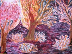 Malunek kolorowych drzew i kolorowej trawy.