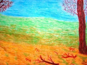 Kolorowy rysunek na którym jest kolorowa trawa i kolorowe drzewa