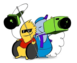 Grafika dwóch kolorowych postaci. Jedna trzyma w dłoniach kamerę a w druga mikrofon reporterski i jest na wózku inwalidzkim. Postacie uśmiechają się.