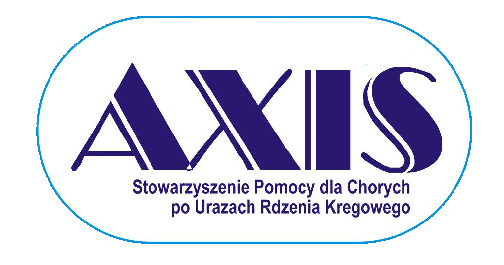 Logo AXIS czyli Stowarzyszenie Pomocy dla Chorych po Urazach Rdzenia Kręgowego. Napisy są proste, ciemnoniebieskie. Wokół nich okrąg owalny dookoła.