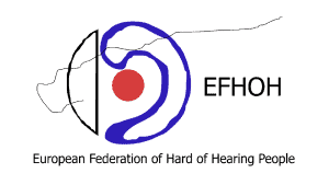 Logo EFHO, European Federation of Hard of Hearing People. Obok napisów grafilka koła składajacego się z różnych kolorów.