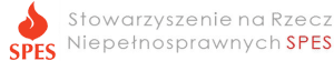Logo Stowarzyszenie na Rzecz Niepełnosprawnych SPES. PO lewej stronie loga grafika płomienia.